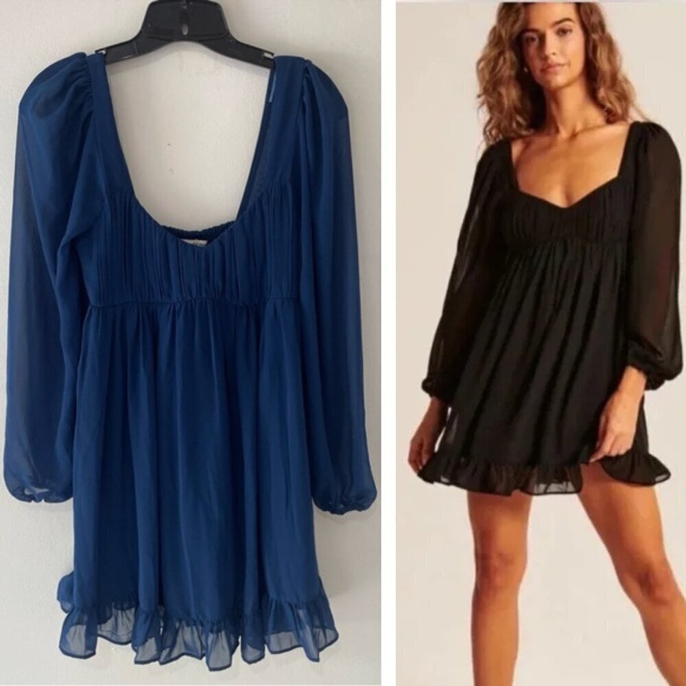 Abercrombie & Fitch Blue Long-Sleeve Ruched Babydoll Mini Dress - 37213